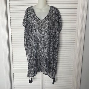 NWOT Kona Sol Beach Cover Up Black & White Geometric w Tassels Sz L